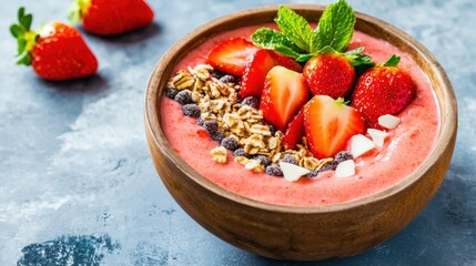 Strawberry smoothie bowl for weight loss, fresh and colorful ingredients, bright natural light, clean and appetizing setup