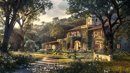 Obraz premium A charming estate surrounded by lush greenery, showcasing beautiful architecture and vibrant flower gardens, creating a serene atmosphere.