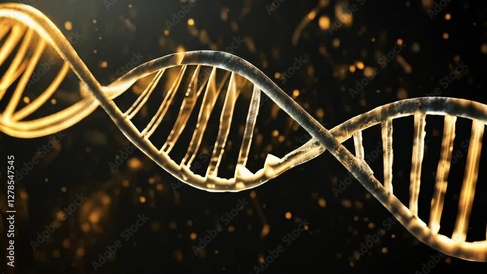 Poster golden DNA double helix structure with glowing particles on a dark background