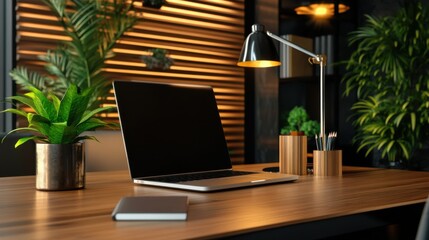 Fototapeta premium Stylish office environment with soft lighting, contemporary business workspace, elegant and warm corporate background