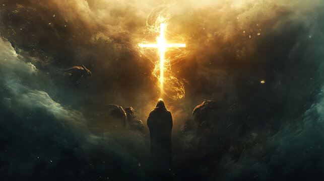 A saint full of faith grips a glowing cross tightly, its brilliant light cutting through the darkness. The surrounding demons attempt to flee but are engulfed by the divine energy, vanishing 