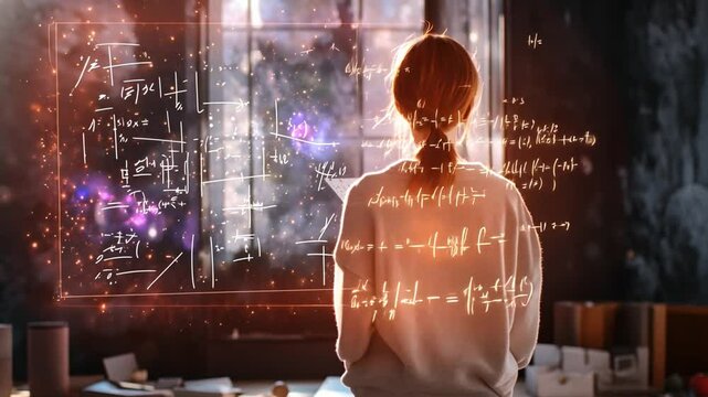 Unraveling the Universe: A female scientist immerses herself in complex equations, illuminated by the radiant glow of scientific discovery.