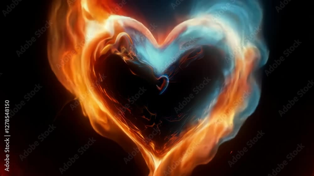 Poster flames form a heart shape creating fiery ambiance against a dark background