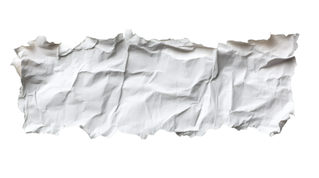 Crumpled white paper sheet exhibiting torn edges, floating against transparent backdrop, ready for graphic design needs