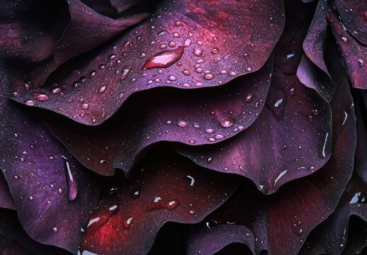 Close-up of dark purple rose petals with water droplets. Garden flower macro - Powered by Adobe