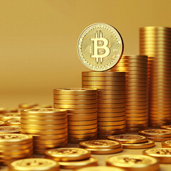 Stacks of Bitcoin Coins with Bitcoin Symbol, Golden Gradient