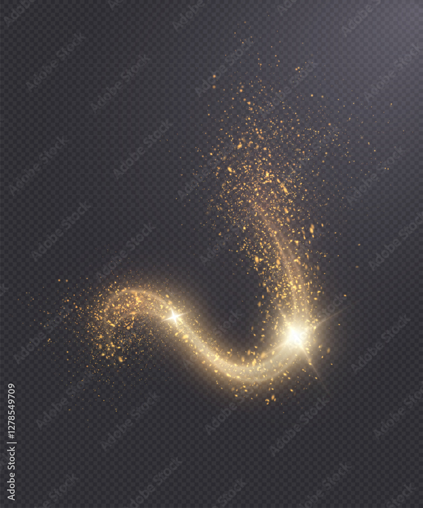 Poster magic golden swirl for web design and decoration. golden magic comet with many sparkling bright shim