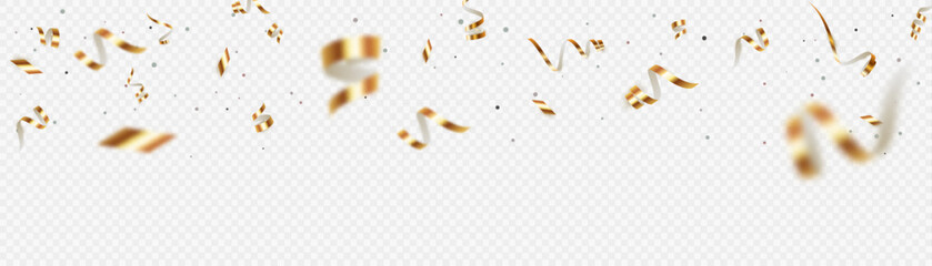 Golden confetti on transparent background, bright streamer. Falling shiny streamer. Bright golden festive tinsel. Vector