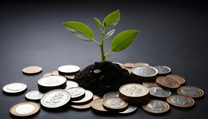 A plant growing from coins symbolizes growth and investment in revenue based finance.