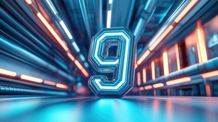 Obraz premium Bright neon number 9 illuminated in a futuristic environment with glowing pipes and sleek design, 3d illustration.