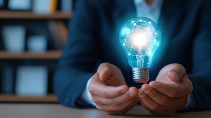 A person in a suit holds a glowing light bulb, symbolizing innovation, ideas, and creativity, set against a blurred bookshelf background.