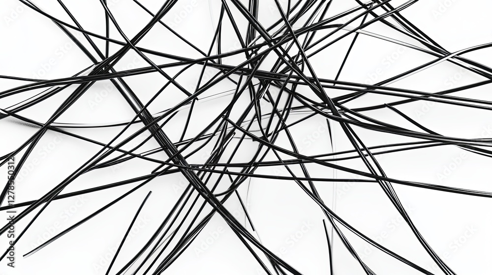 Poster abstract arrangement of black strands creating a chaotic pattern on a white background in a minimali