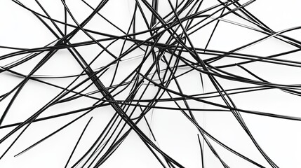 Abstract arrangement of black strands creating a chaotic pattern on a white background in a minimalist design setting