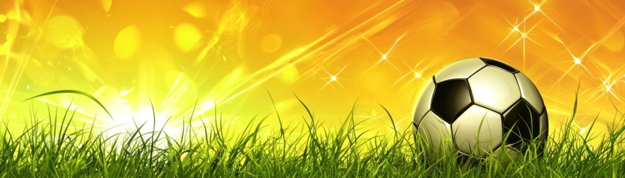 Soccer ball on grass, sunny day, background use