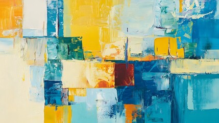 An abstract painting with bold, colorful blocks of color arranged in an interlocking pattern
