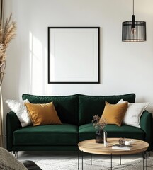 Emerald velvet sofa in modern living room with pendant light and mockup frame.