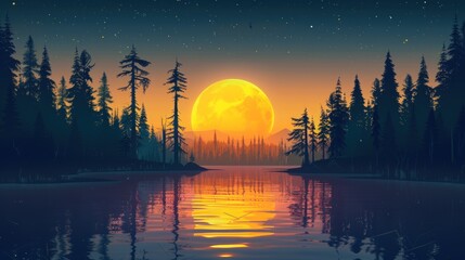 Serene Night:  Lake, Moon, and Forest Silhouette