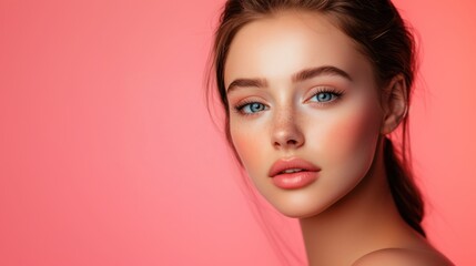 Fototapeta premium Woman with luminous skin in minimalist background, soft pastel tones, clean and aesthetic beauty concept, modern skincare branding