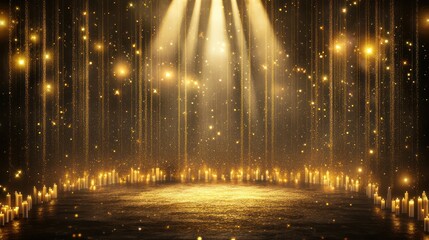 Glamorous Golden Stage Illuminated by Shining Spotlights