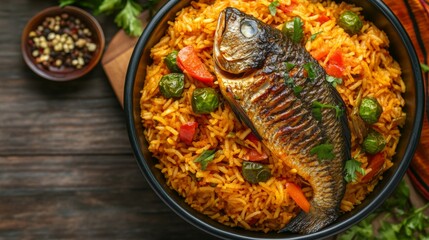 A Bowl of Thieboudienne, a Senegalese Rice Dish with Fish, Vegetables, and Spices