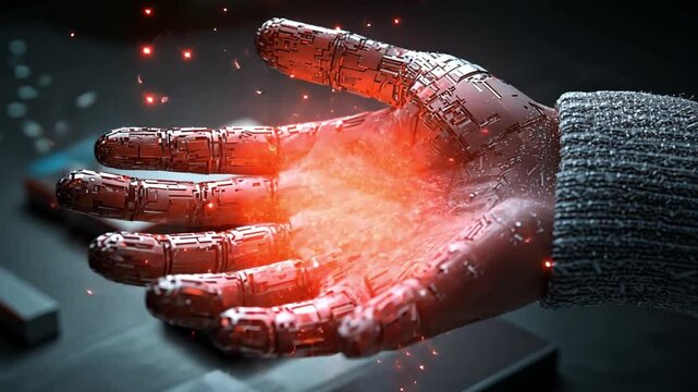 Enhanced Hand: A detailed and artistic image presents a human hand, seemingly augmented with advanced technology, glowing with an inner luminescence, suggesting innovation and futuristic capabilities.
