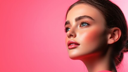 Fototapeta premium Woman with luminous skin in minimalist background, soft pastel tones, clean and aesthetic beauty concept, modern skincare branding