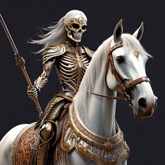 Die Personifikation des Todes in Form eines weiblichen Skeletts mit Speer in der Hand auf einem wei&szlig;em Pferd.
