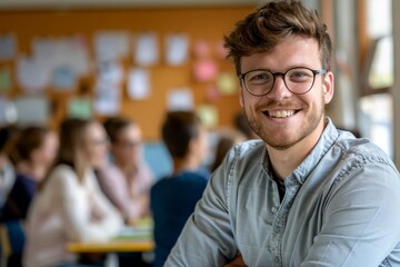 Fototapeta premium Close up portrait of teacher smiling sits in class against the backdrop of a blurred classroom with students. Back to school concept.