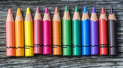 Naklejka premium Colorful pencils arranged on weathered wood.
