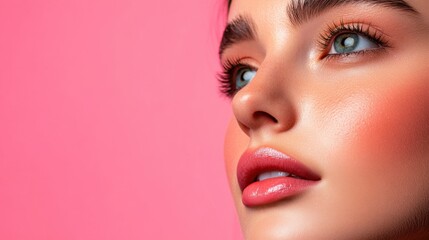 Fototapeta premium Woman with luminous skin in minimalist background, soft pastel tones, clean and aesthetic beauty concept, modern skincare branding