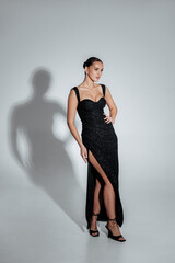 Elegant portrait of a brunette girl in a black dress with sequins under the light of lamps in the studio. Luxury fashion collection of dresses
