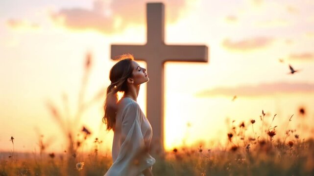A woman stands in a field looking up at a large wooden cross silhouetted against a sunrise