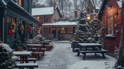 Snow-covered cafe tables