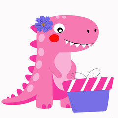 Cute Pink Dinosaur With Purple Flower And present Dinosaur Print Birthday Card