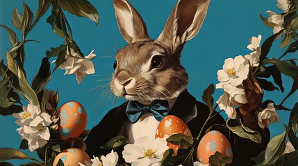 Celebrate Easter with a charming hand-drawn rabbit and colorful eggs. Generative AI