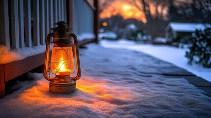 Winter evening with a glowing lantern beside a snowy pathway at dusk