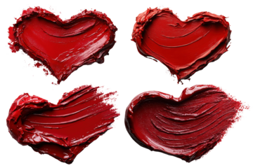 Four red heart shapes made of paint, showcasing texture and color. Perfect for romantic themes