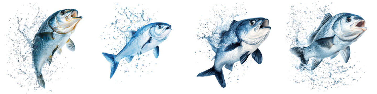 Energetic school of leaping fish splashing through the water with dynamic movement and speed in a tropical ocean ecosystem  The fish are jumping and catching with agility