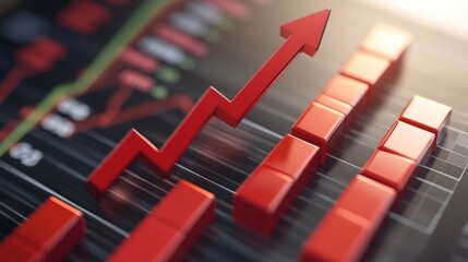 Dynamic financial chart showcasing upward trends with red bars and green accents in a modern setting