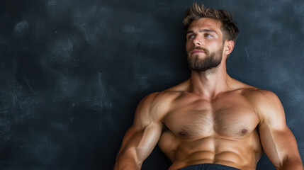Fototapeta premium muscular man with beard poses against dark background, exuding confidence