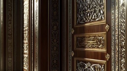 Ornate Wooden Doors With Intricate Gold Detailing And Calligraphy