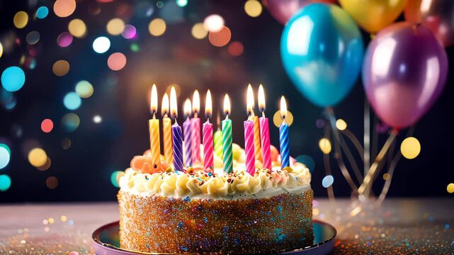 A charming celebration scene showcasing a beautifully decorated cake with glowing candles, surrounded by colorful balloons and sparkling lights, perfect for capturing festive joy.