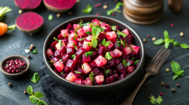 Vinegret, a traditional Russian beet salad featuring a mix of vibrant vegetables, presented in a classic style