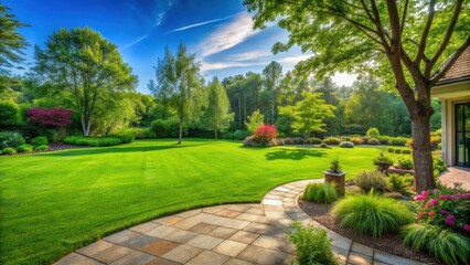 Obraz premium Vibrant freshly cut green grass lawn in a serene backyard with a few trees and a stone patio, surrounded by nature's beauty, freshly cut grass, outdoor decor
