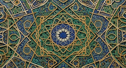 Obraz premium Intricate Islamic Geometric Pattern with Star Design in Blue and Green
