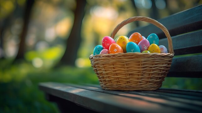 A colorful basket filled with plastic Easter eggs sitting on a park bench, with the background softly blurred and open for text