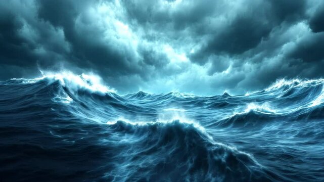 Dark stormy ocean waves under a dramatic sky. Deep blue and gray tones dominate the scene.  Large, powerful waves crash and churn, creating a sense