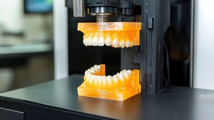 3d printing action for dental models laboratory setting technology environment close-up perspective...