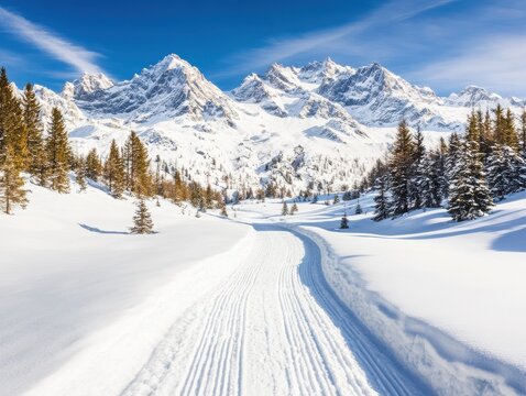 Breathtaking winter landscape featuring snow-covered mountains and a serene snowy pathway under a clear blue sky.