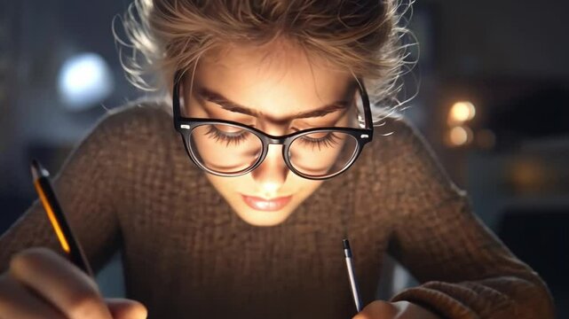 Intense Focus: A close-up captures a studious young woman engrossed in writing, her glasses reflecting the glow, revealing dedication and focus.